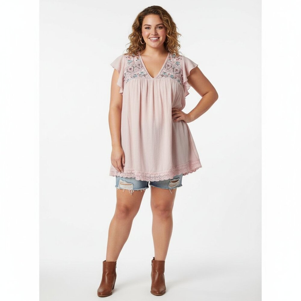 Kelly Renee Womens Pink Floral Embroidered Deep V-Neck Tunic Dress Plus 1X Boho